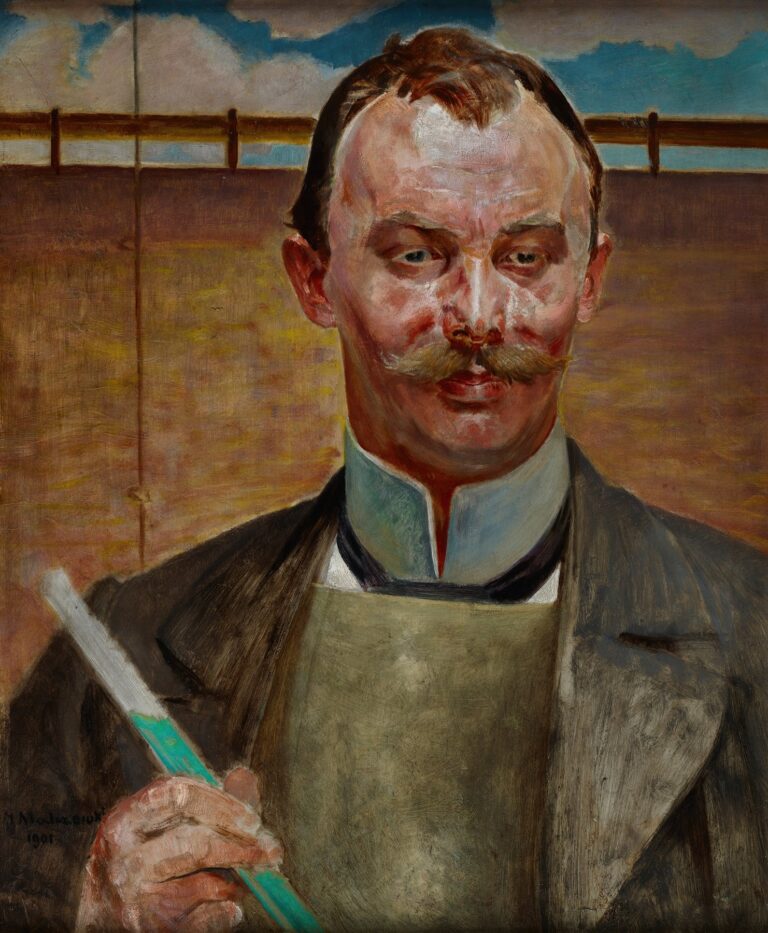 Oil painting by Jacek Malczewski showing Alfred Stepek in a brown suit and crimson-lined cloak holding a painted staff, with a golden wheat field, a dancing nymph and prancing white horse, and a peasant figure in the background.