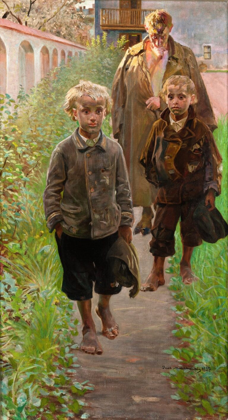 Oil painting by Jacek Malczewski showing two barefoot boys in patched clothing walking down a sunlit garden path with a taller youth behind them, bright foliage and a pale arcaded wall in the background.