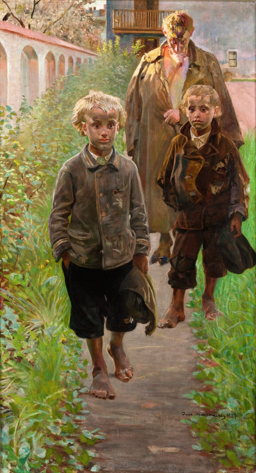 Oil painting by Jacek Malczewski showing two barefoot boys in patched clothing walking down a sunlit garden path with a taller youth behind them, bright foliage and a pale arcaded wall in the background.
