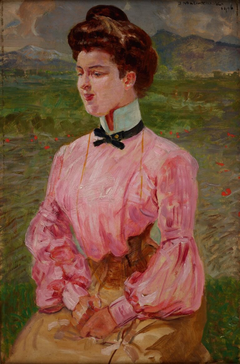 Oil painting by Jacek Malczewski showing a seated young woman in a pink gathered-sleeve blouse and tan skirt, hands clasped in her lap, set against green fields, blossoming branches, and distant mountains under a softly lit sky.
