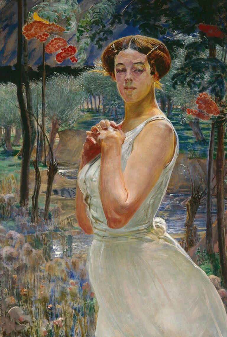 Oil painting by Jacek Malczewski showing a calm young woman in a white gown standing before a grove of rowan trees laden with red berries, her hands clasped to her chest and her gaze engaging the viewer against a dappled green backdrop.