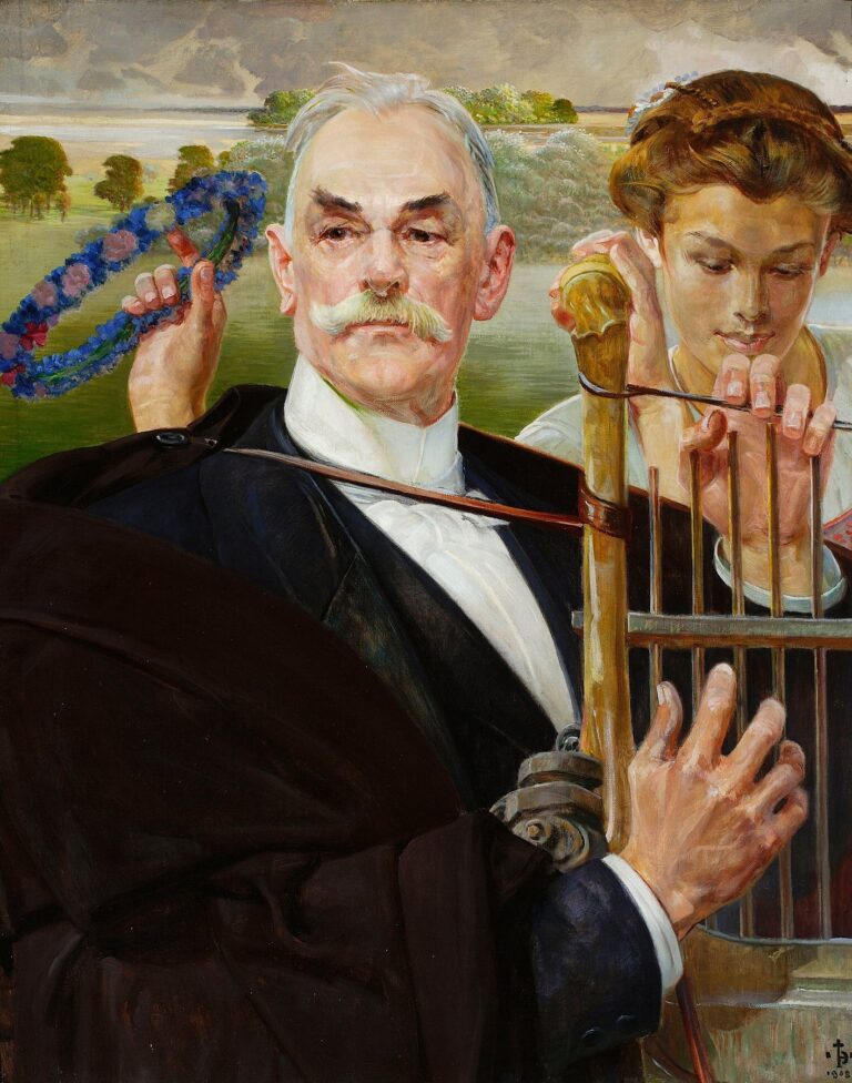 Oil painting by Jacek Malczewski depicting composer Władysław Żeleński in formal dress, standing before a tranquil Polish landscape under a cloudy sky, his white hair and mustache framing a thoughtful expression.