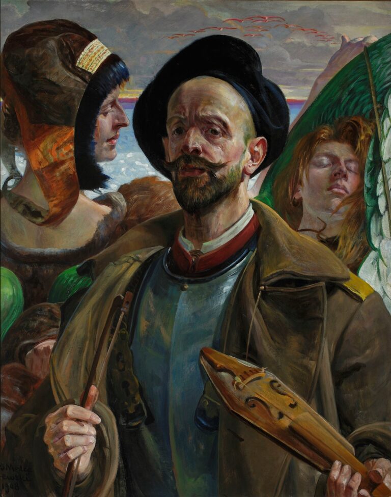Oil self-portrait by Jacek Malczewski showing the artist with a one-stringed instrument, flanked by two allegorical female figures against a stormy seascape and a flock of red birds in the sky.