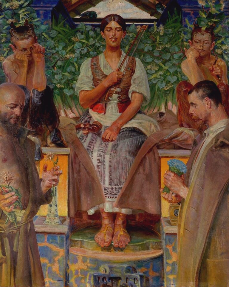 Oil painting by Jacek Malczewski depicting a central female Muse seated on a tiled dais with a violin, flanked by two monks holding thistles and forget-me-nots and two horned satyrs against a lush green backdrop.
