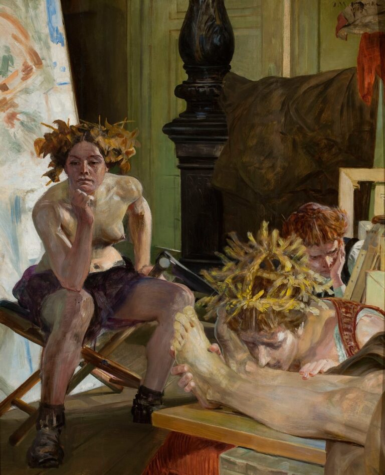 Oil painting by Jacek Malczewski depicting three mourners around the foot of a deceased artist in his studio—a wreath-crowned woman bending to kiss his foot, a contemplative nude woman seated nearby, and a red-haired youth leaning over canvases.