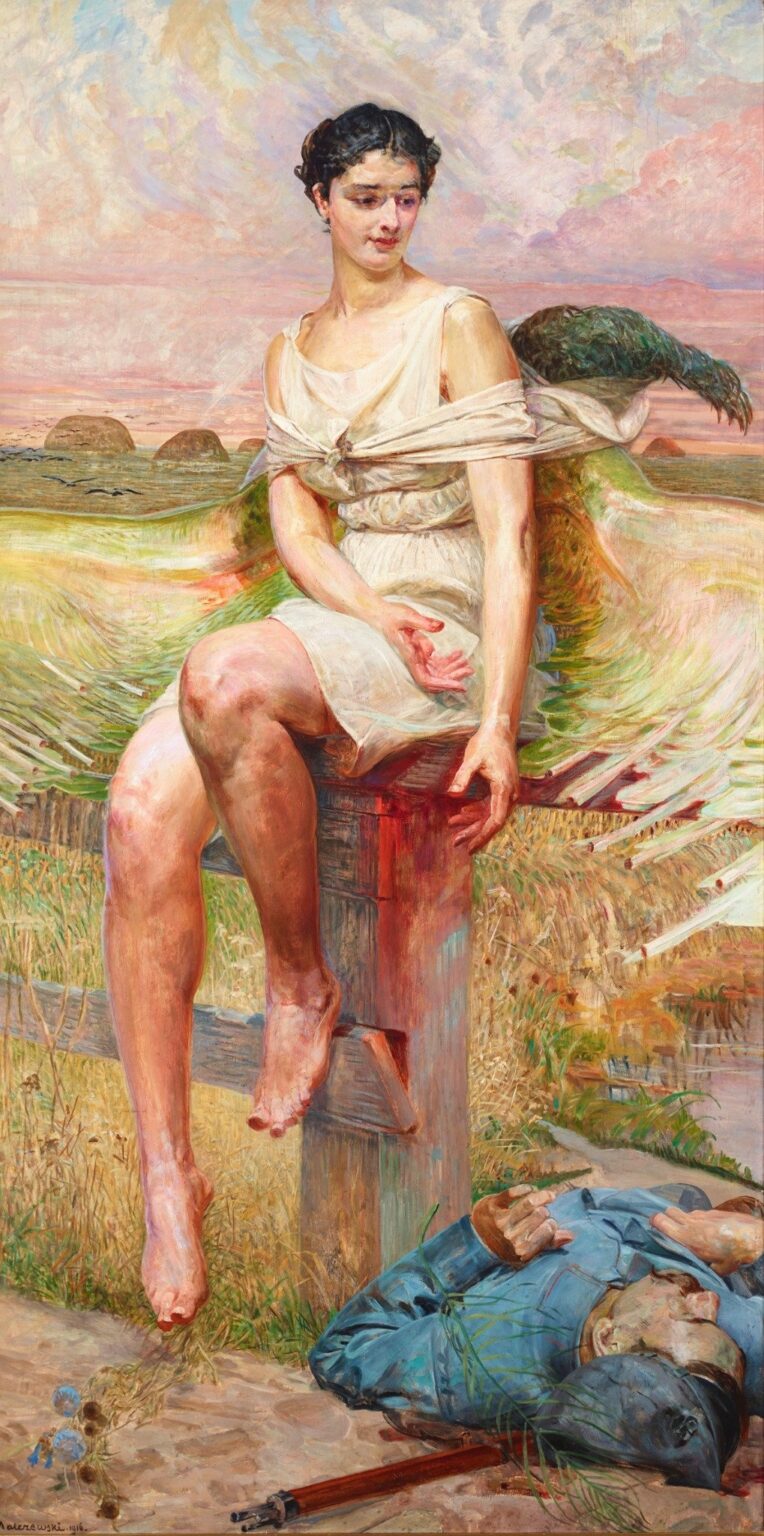 Oil painting by Jacek Malczewski showing a winged female figure standing on a field of wheat beside the fallen body of a soldier in blue-grey Legionnaire uniform, under a pastel dawn sky.