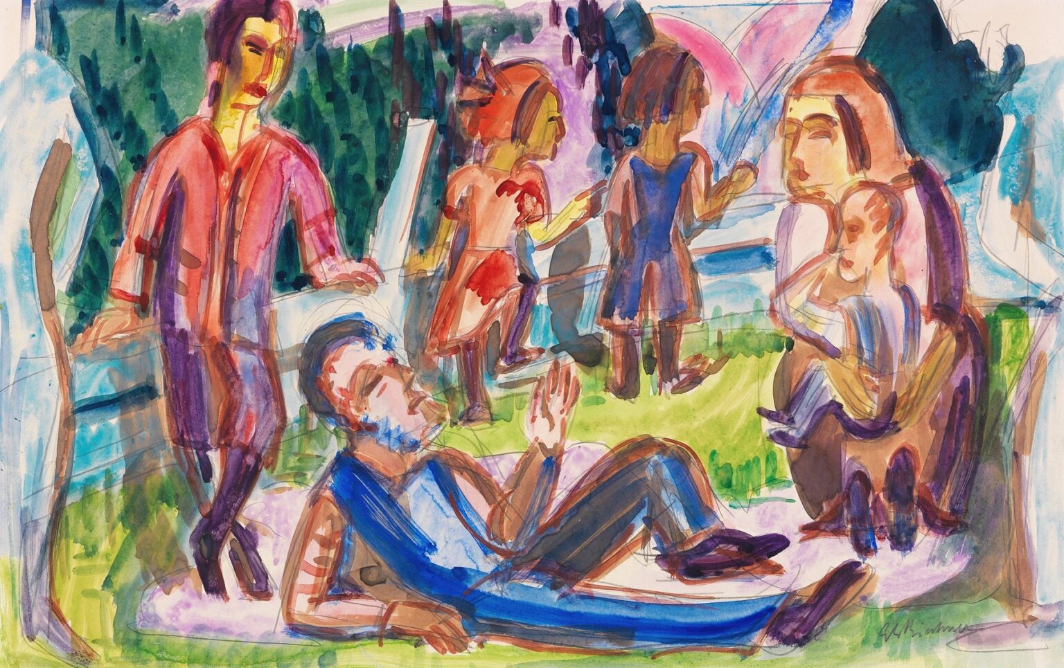 Expressionist painting by Ernst Ludwig Kirchner showing a family of five—father reclining on the grass, mother standing, and three children playing—in a vibrant meadow with green, violet, and blue color fields.