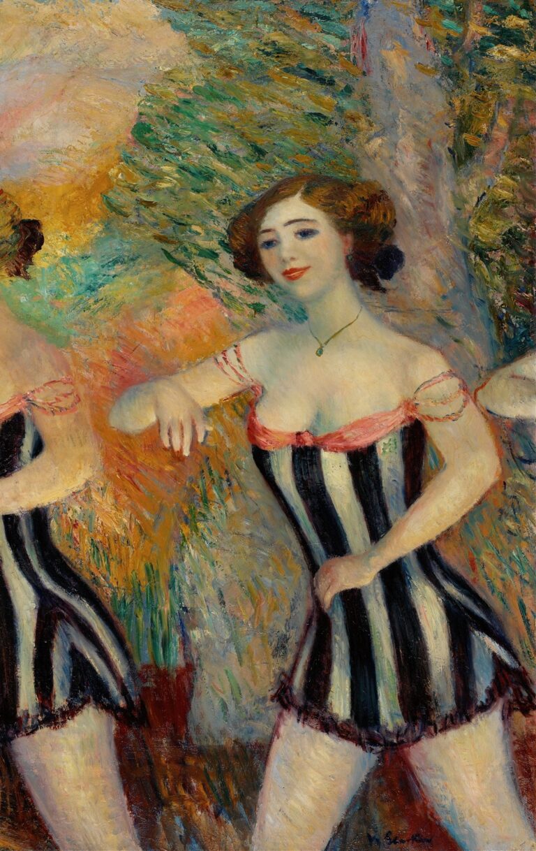 Oil painting depicting two female dancers in black-and-white vertically striped bodices with pink trim, performing ballet poses against a swirling pastel background of green foliage and golden light, by William James Glackens, 1911.