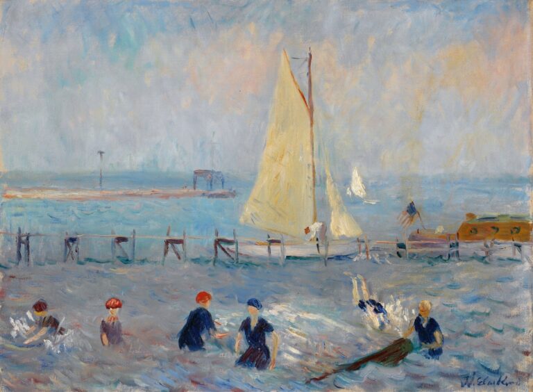 Impressionist seascape showing six bathers in blue swimwear wading near a wooden pier, with a sailboat and pastel sky on a calm Long Island shore.