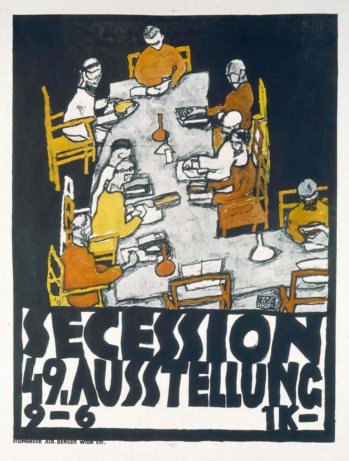 Lithograph poster showing eight stylized figures seated around a gray table with a red vase-like inkwell; mustard-yellow chairs and garments contrast against a deep black background, with bold hand-drawn text “SECESSION. 49. AUSSTELLUNG 9–6 X I K” beneath.