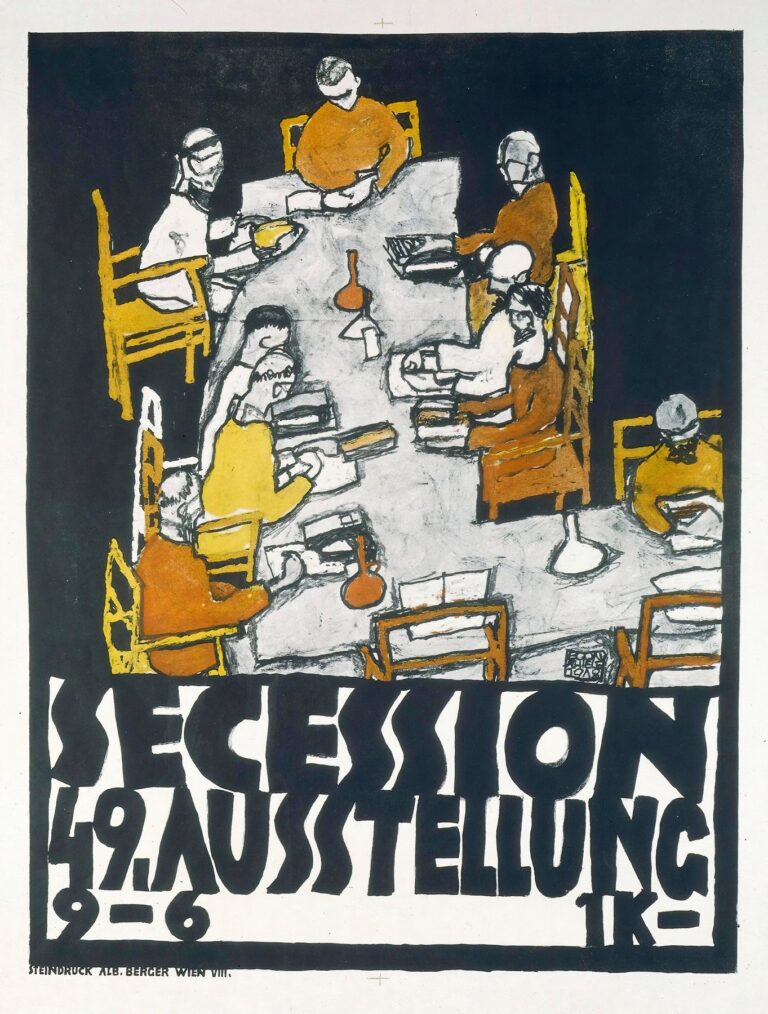 Lithograph poster showing eight stylized figures seated around a gray table with a red vase-like inkwell; mustard-yellow chairs and garments contrast against a deep black background, with bold hand-drawn text “SECESSION. 49. AUSSTELLUNG 9–6 X I K” beneath.