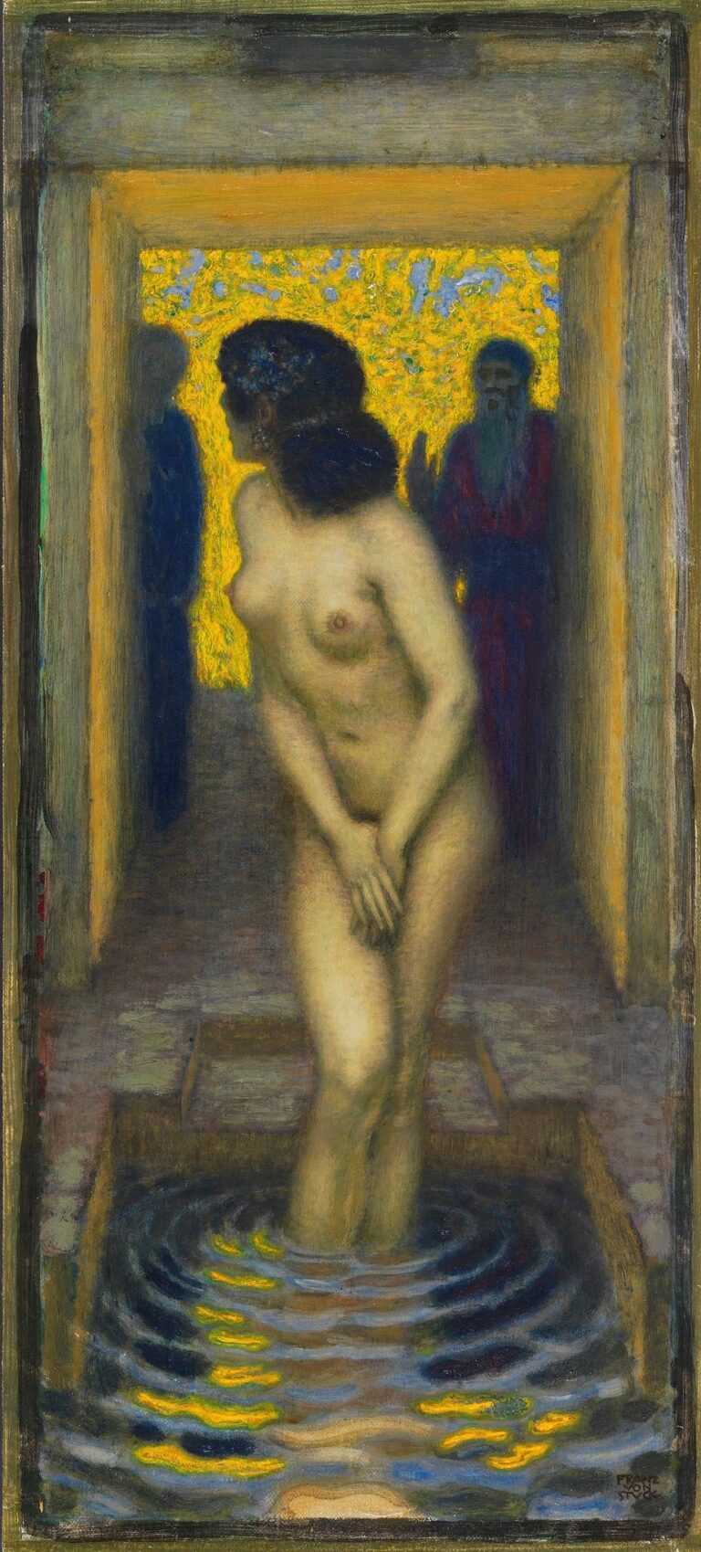 Vertical oil painting showing a nude woman standing waist‑deep in a narrow pool, covering her body with folded arms, with two shadowy male figures framed by a sunlit yellow portal behind her.