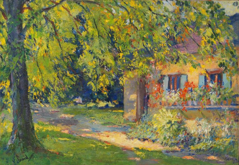 Oil painting of a yellow cottage facade beside a lush spring garden, with bright green foliage overhead, colorful flowering shrubs lining the path, and dappled sunlight marking a tranquil scene by Lake Starnberg.