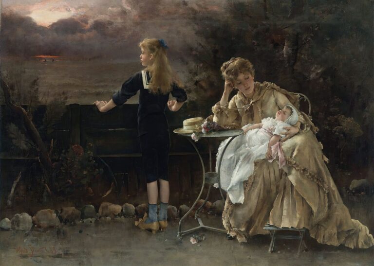 A mother in a ruffled tan dress sits in a garden chair cradling her sleeping infant as her young daughter in a dark sailor outfit leans on a fence and gazes at the dusky seascape.