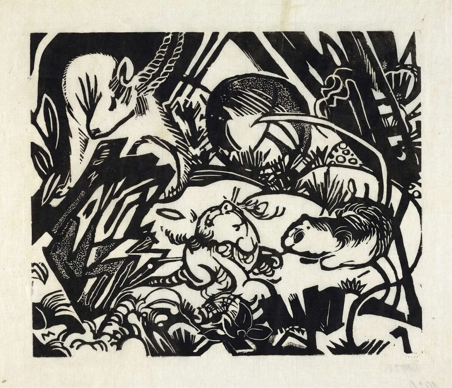 Black-and-white woodcut depicting a vigilant ibex standing on a rocky ledge above two resting foals surrounded by stylized foliage and angular forms, conveying Franz Marc’s symbolic harmony of innocence and guardianship in Animal Legend.