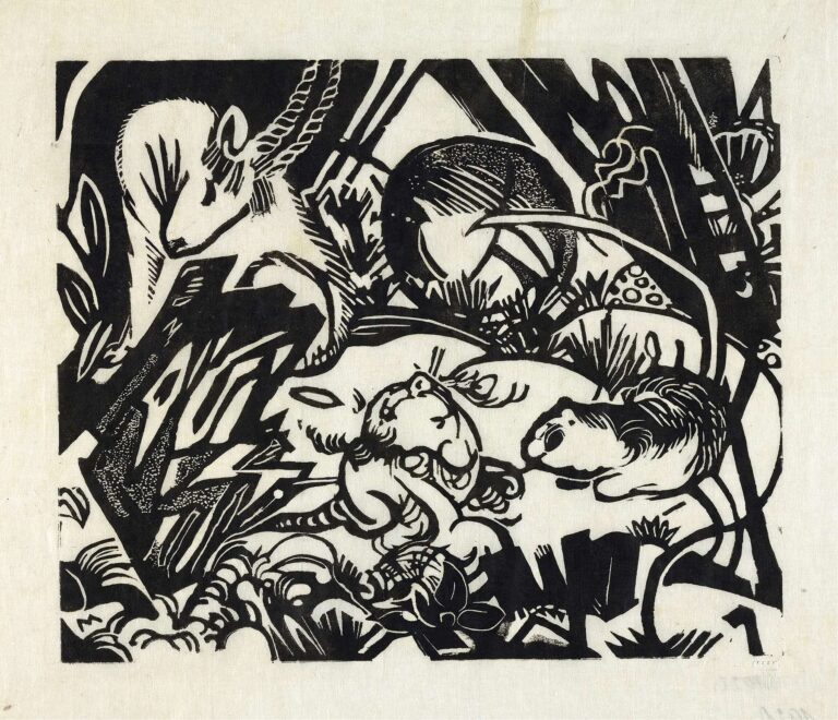 Black-and-white woodcut depicting a vigilant ibex standing on a rocky ledge above two resting foals surrounded by stylized foliage and angular forms, conveying Franz Marc’s symbolic harmony of innocence and guardianship in Animal Legend.