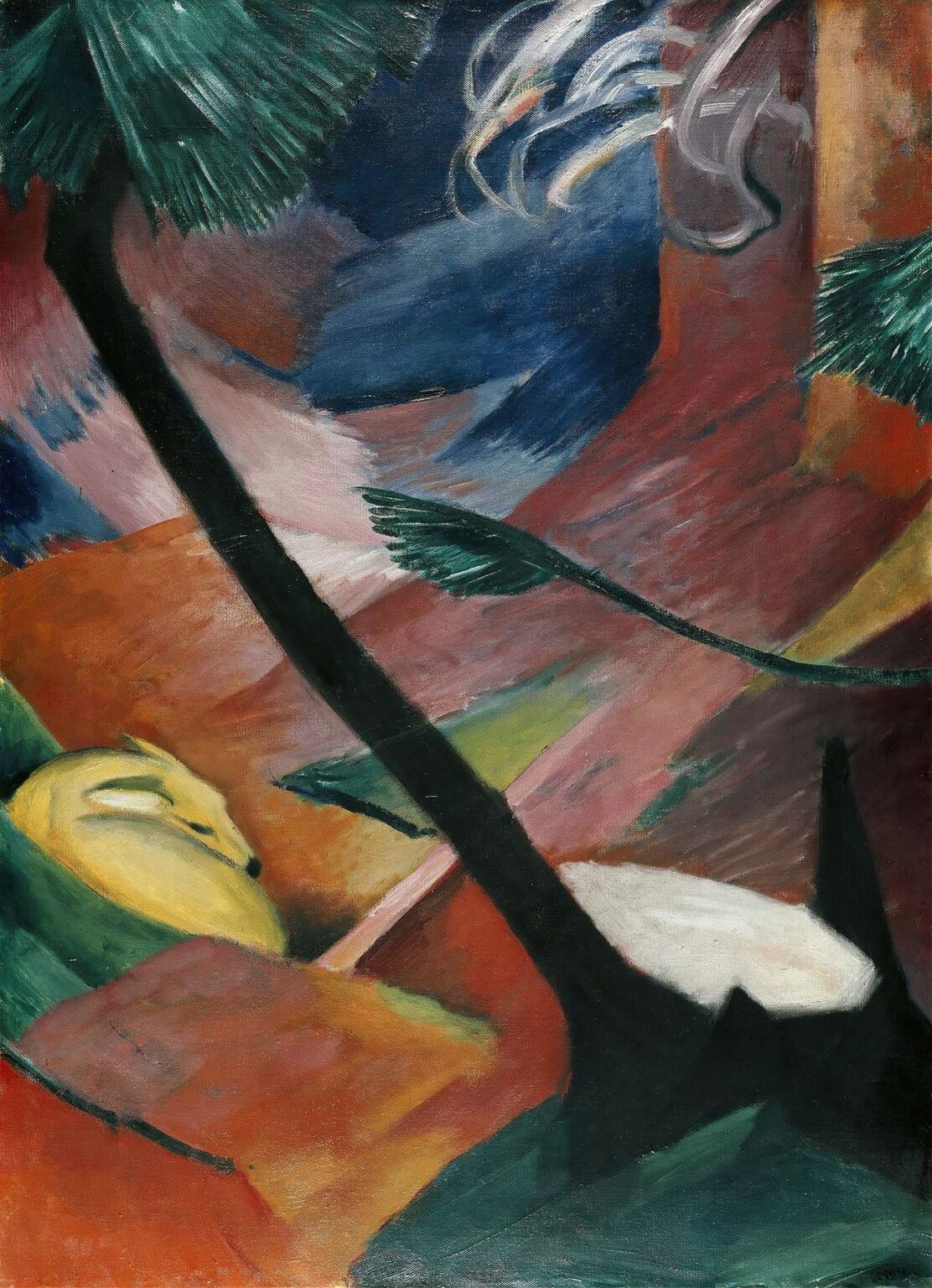 Expressionist oil painting of a solitary deer partially hidden among swirling forest brushstrokes in reds, greens, and blues, conveying Franz Marc’s spiritual vision in Deer in the Forest II.