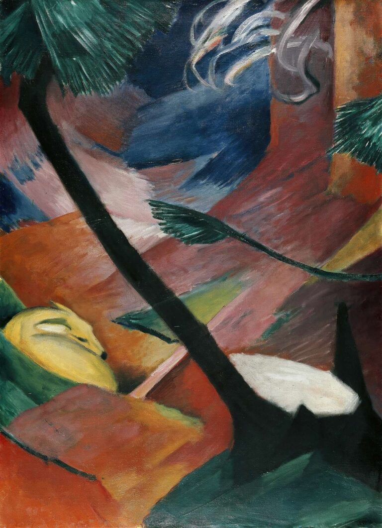 Expressionist oil painting of a solitary deer partially hidden among swirling forest brushstrokes in reds, greens, and blues, conveying Franz Marc’s spiritual vision in Deer in the Forest II.