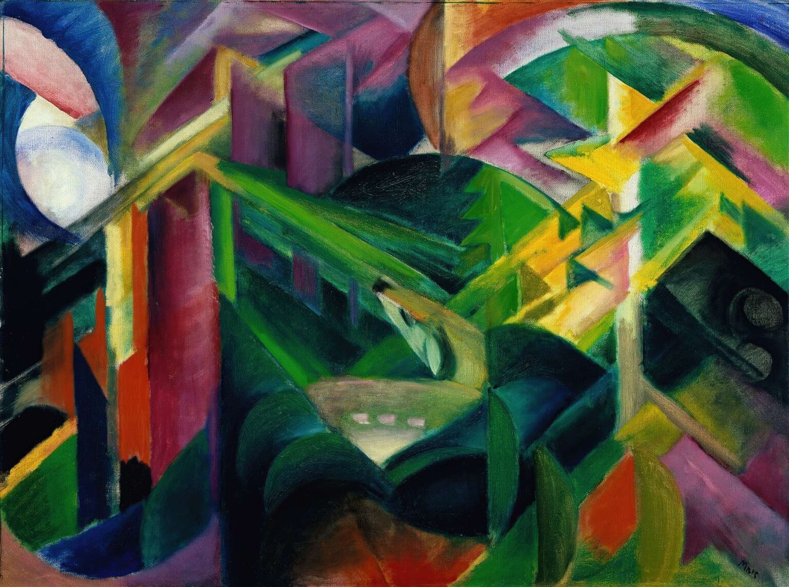 Expressionist oil painting depicting a solitary deer set among overlapping planes of green, pink, orange, and blue that evoke foliage and monastic architecture in Franz Marc’s Deer in the Monastery Garden.