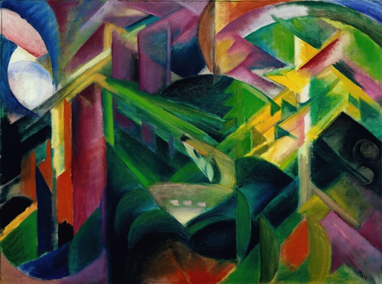 Expressionist oil painting depicting a solitary deer set among overlapping planes of green, pink, orange, and blue that evoke foliage and monastic architecture in Franz Marc’s Deer in the Monastery Garden.
