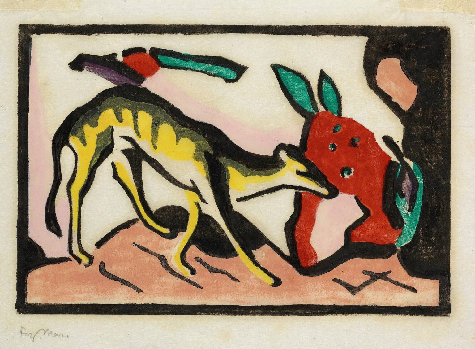 Polychrome woodcut depicting a hybrid deer‑like creature in yellow and black approaching a stylized red form with turquoise accents, set against a pale ground in Franz Marc’s Fabeltier (1912).