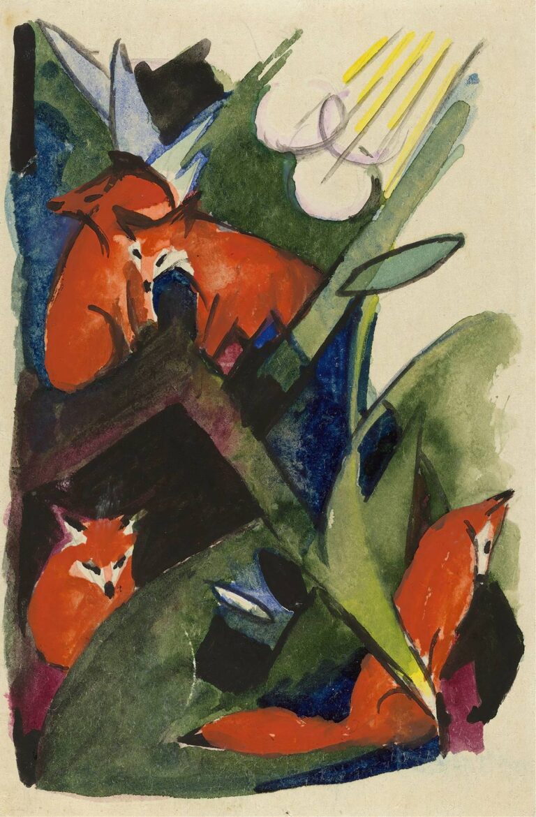 Gouache painting depicting four stylized red-orange foxes in various poses set against a swirling abstract background of green foliage, deep blue, and black, in Franz Marc’s Four Foxes (1913).