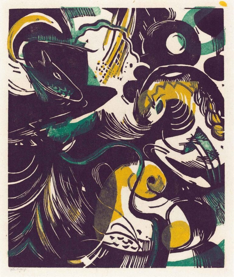 Multicolor woodcut depicting swirling coils, ascending triangles, and undulating lines in emerald green, golden yellow, violet, and black, conveying the elemental forces of creation in Franz Marc’s Genesis II.