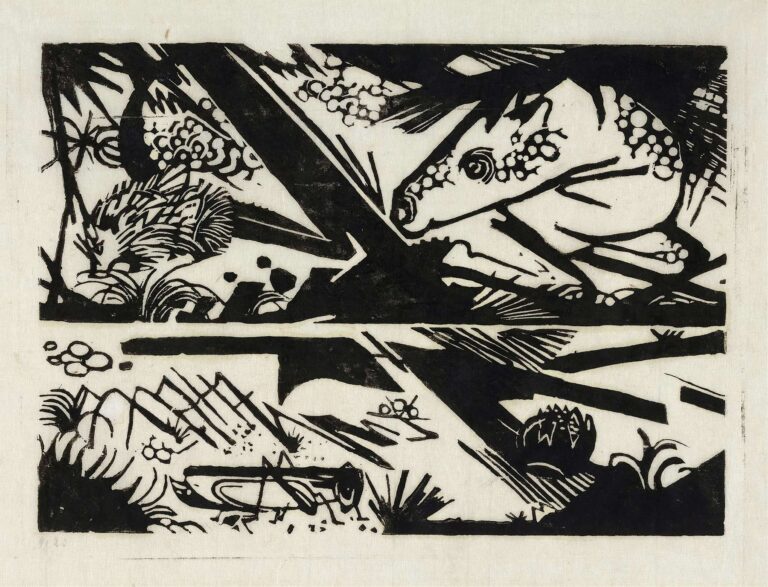 Black-and-white woodcut depicting a diagonally divided scene with a powerful horse’s head and neck in the upper register and a curled hedgehog below, connected by abstract foliage and angular lines in Franz Marc’s Horse and Hedgehog (1913).