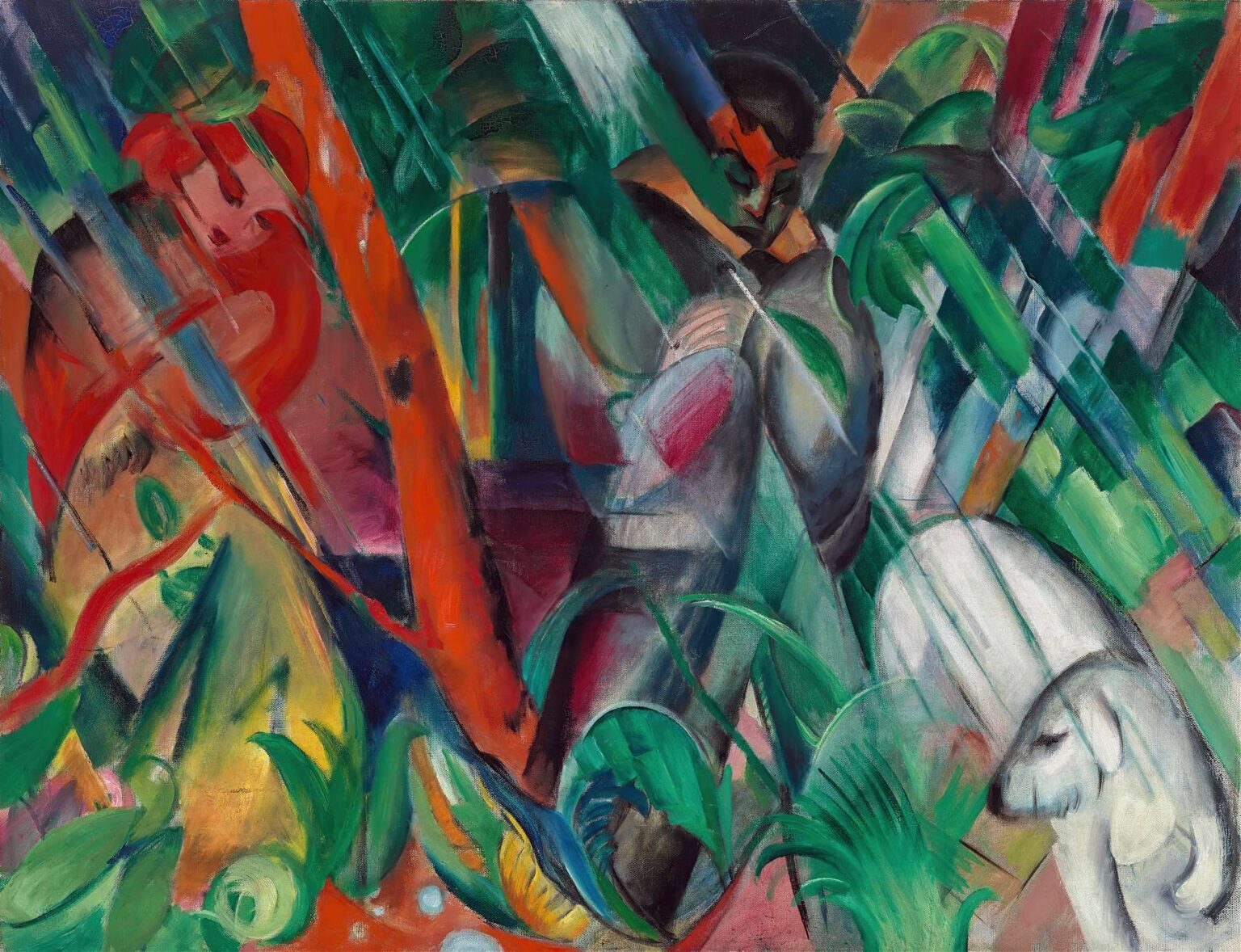 Expressionist oil painting depicting two animals—a white sheep and a darker creature—amid diagonal streaks of green, orange, and blue brushstrokes that evoke wind‑blown rain and vibrant foliage in Franz Marc’s In the Rain (1912).