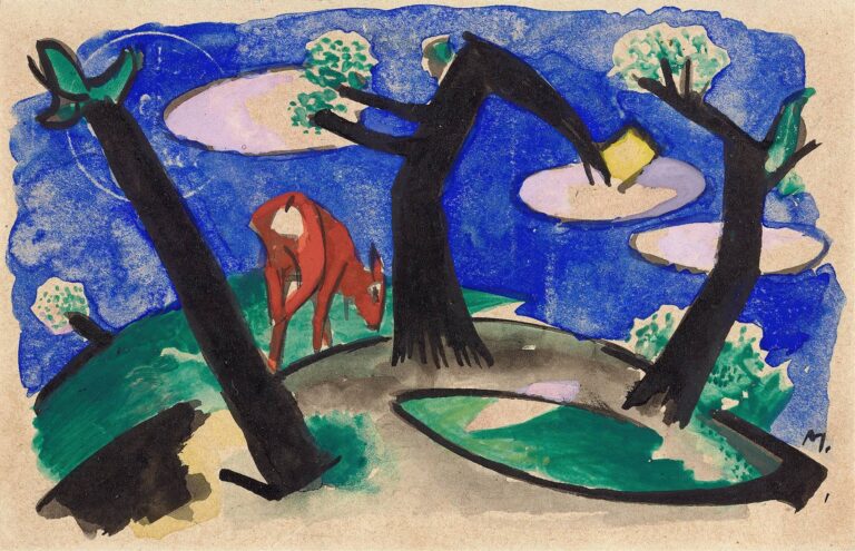 Gouache on paper depicting a lone red animal grazing on curved green hills framed by three black tree trunks, under a vibrant cobalt sky punctuated by pale pink floating platforms.