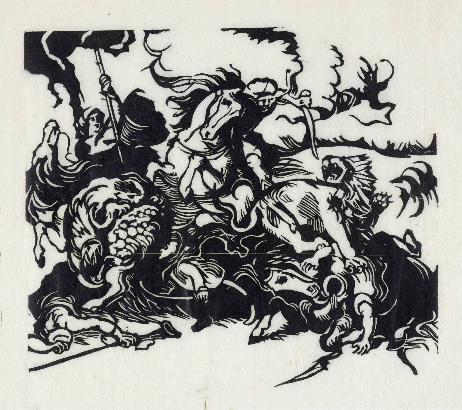 Black-and-white woodcut depicting a dramatic lion hunt: charging horsemen wield spears against roaring lions, their forms carved into swirling lines and bold silhouettes, in Franz Marc’s Lion Hunt for Delacroix (1913).