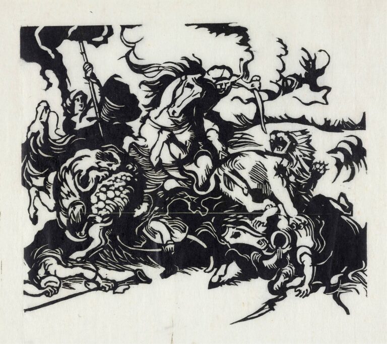 Black-and-white woodcut depicting a dramatic lion hunt: charging horsemen wield spears against roaring lions, their forms carved into swirling lines and bold silhouettes, in Franz Marc’s Lion Hunt for Delacroix (1913).