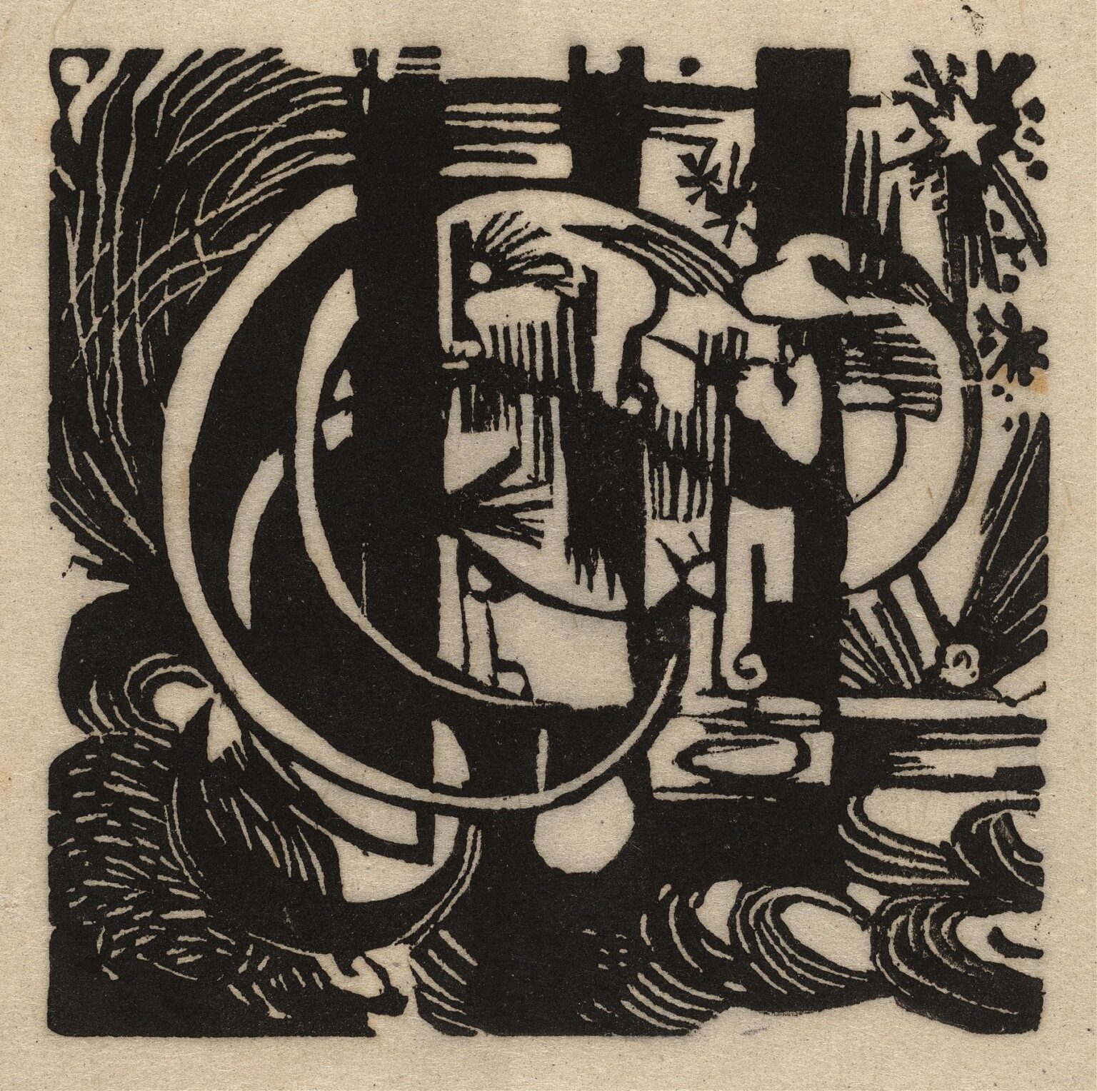 Black-and-white woodcut depicting four stylized lizards curving around botanical arcs and vertical stalks, their bodies interwoven with swirling hatchings and bold black silhouettes in Franz Marc’s Lizards (1912).