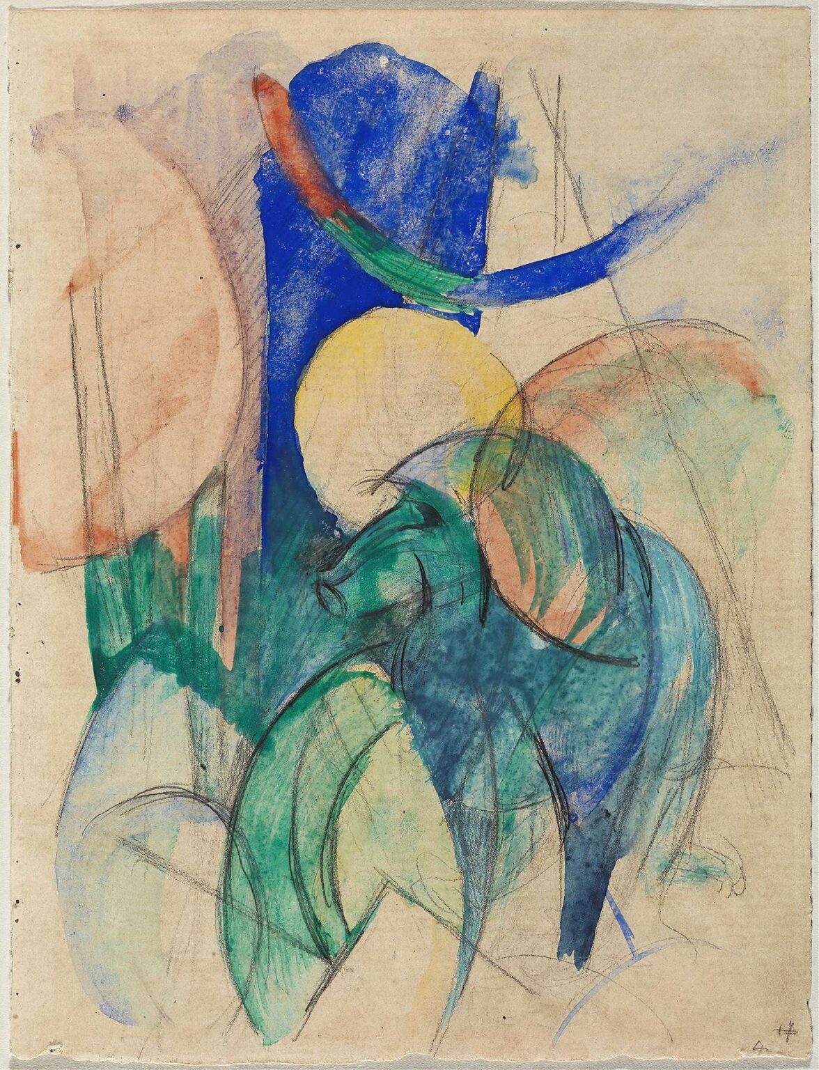 Mixed‑media on paper showing an abstracted mandrill’s profile formed by overlapping arcs and shapes in blue, green, and ochre, with a pale yellow circle and gestural pencil lines suggesting the creature’s snout and crest.