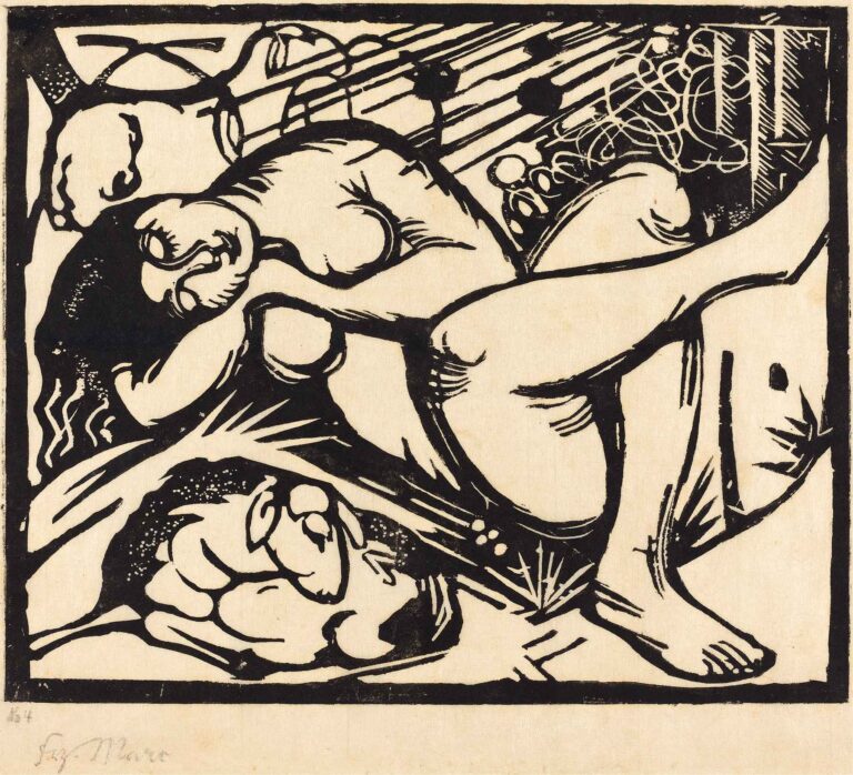 Black-and-white woodcut depicting a reclining nude shepherdess with head resting on folded arms above a curled lamb, framed by radiating lines and organic foliage forms.