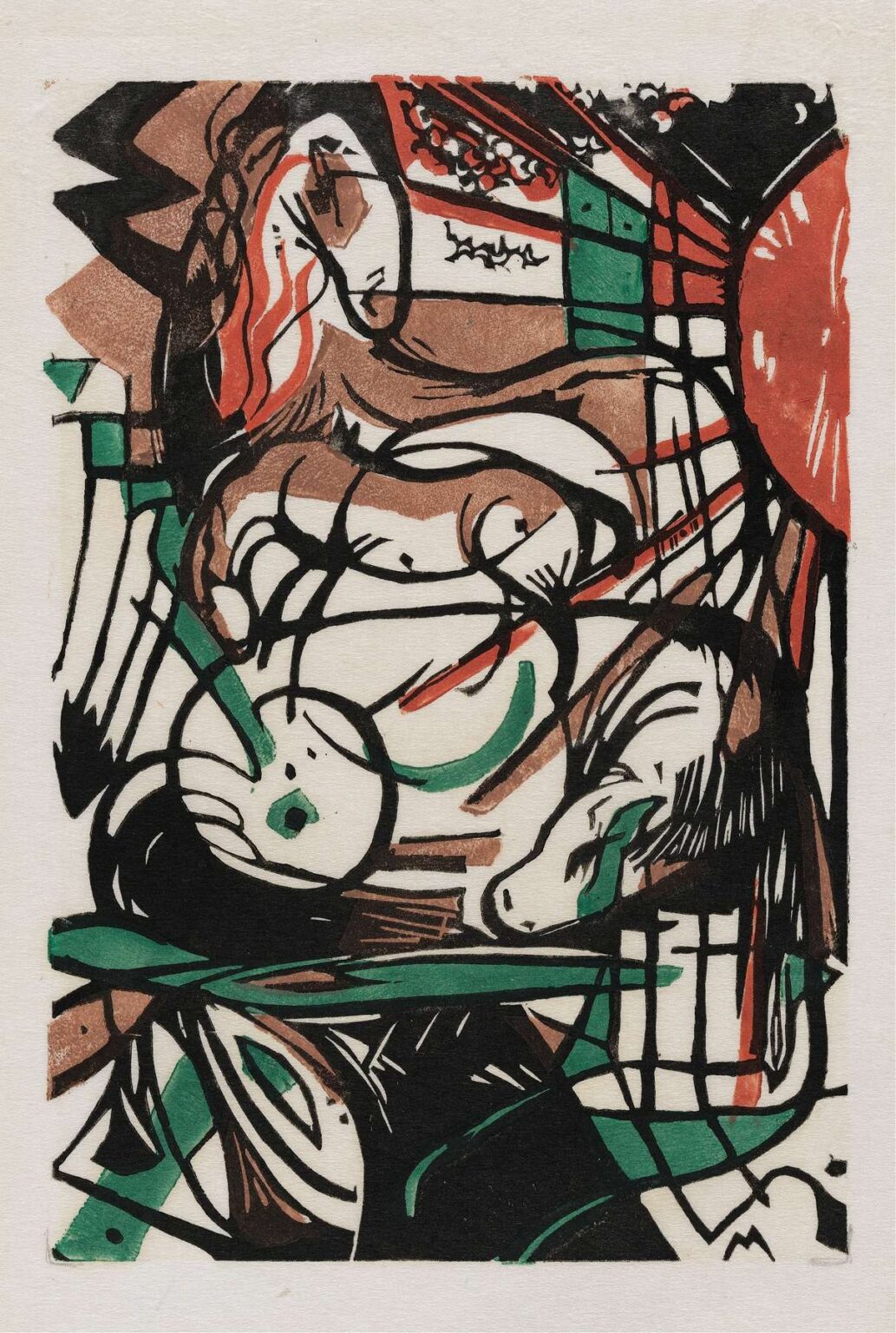Color woodcut showing abstract horse forms emerging from a central circular vortex, with curved flanks and rhythmic hatchings in red, green, brown, and black, in Franz Marc’s The Birth of Horses (1913).