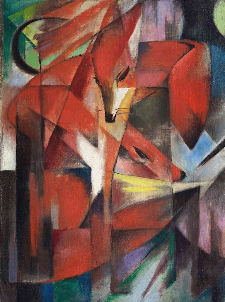 Oil painting of two abstracted foxes formed by interlocking geometric planes in reds, greens, and purples, with bold black outlines and fragmented background shapes.
