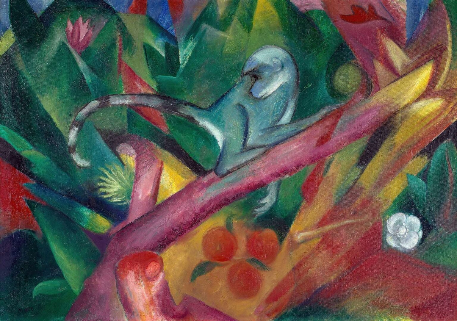 Oil on canvas depicting an abstracted monkey crouched on a diagonal branch, rendered in intersecting planes of blue-green, red, and yellow, against a fragmented background of foliage and light.