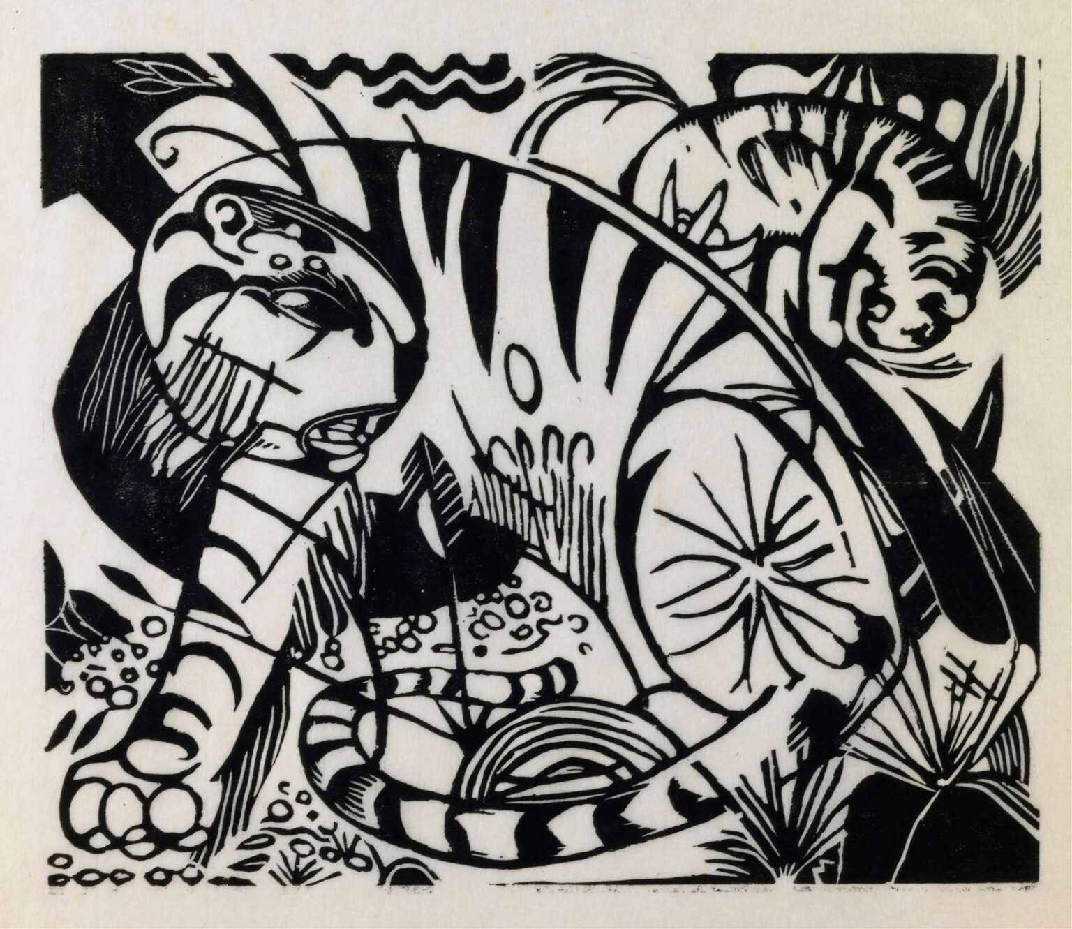 Black-and-white woodcut depicting a striped tiger in profile, its body defined by bold arcs and rhythmic hatchings, prowling amid abstracted foliage in Franz Marc’s Tiger (1912).