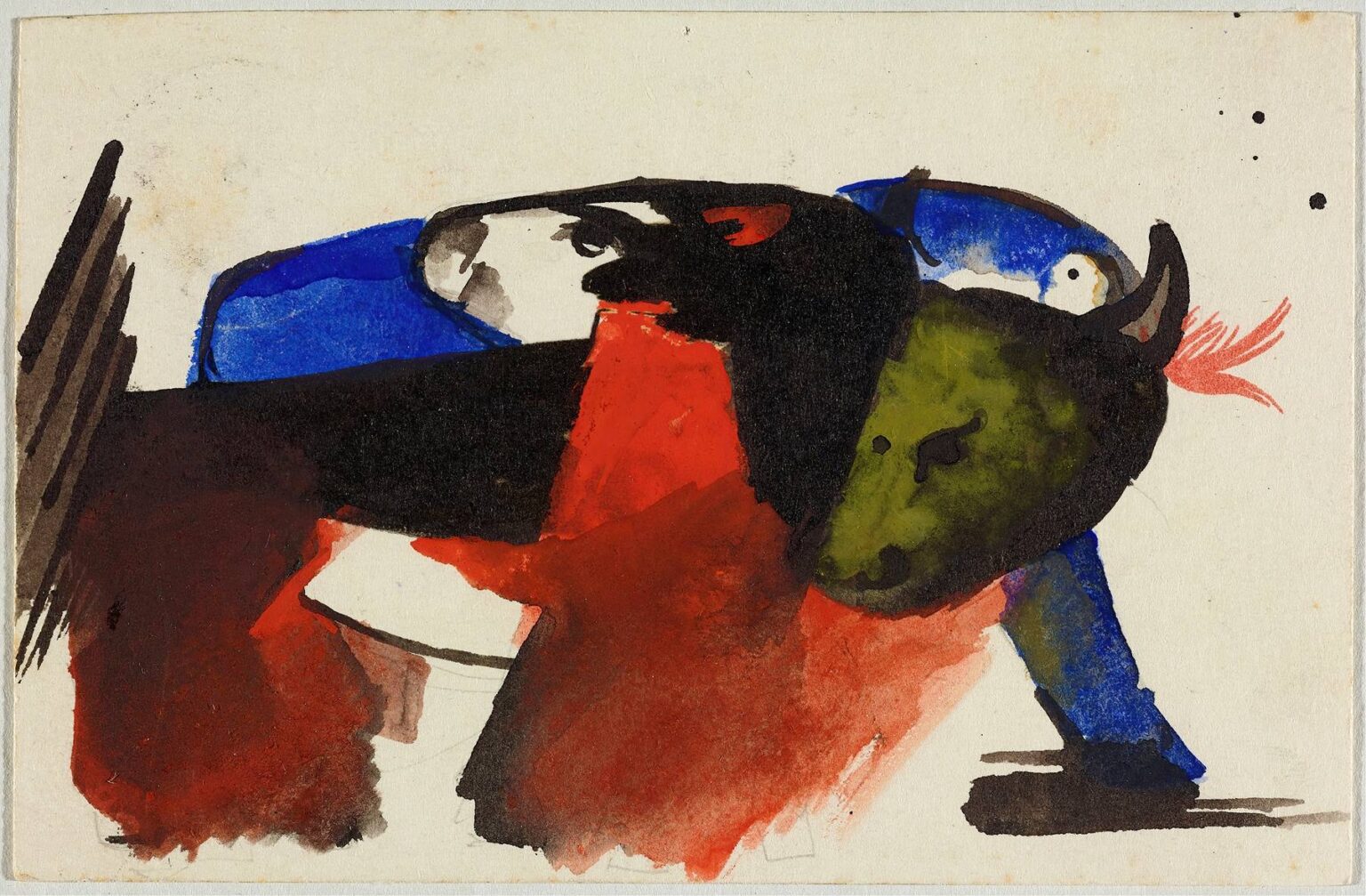 Gouache and watercolor on paper depicting two stylized animals in intersecting planes of red, green, black, and blue, their bodies overlapping diagonally against a white background.