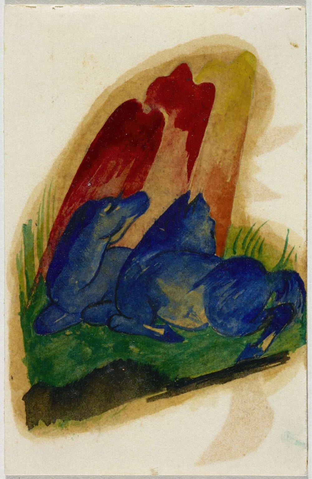 Watercolor and gouache on paper depicting two stylized blue horses—one grazing, one alert—set against a faceted red rock formation, with green underbrush and subtle pencil outlines visible beneath luminous washes.