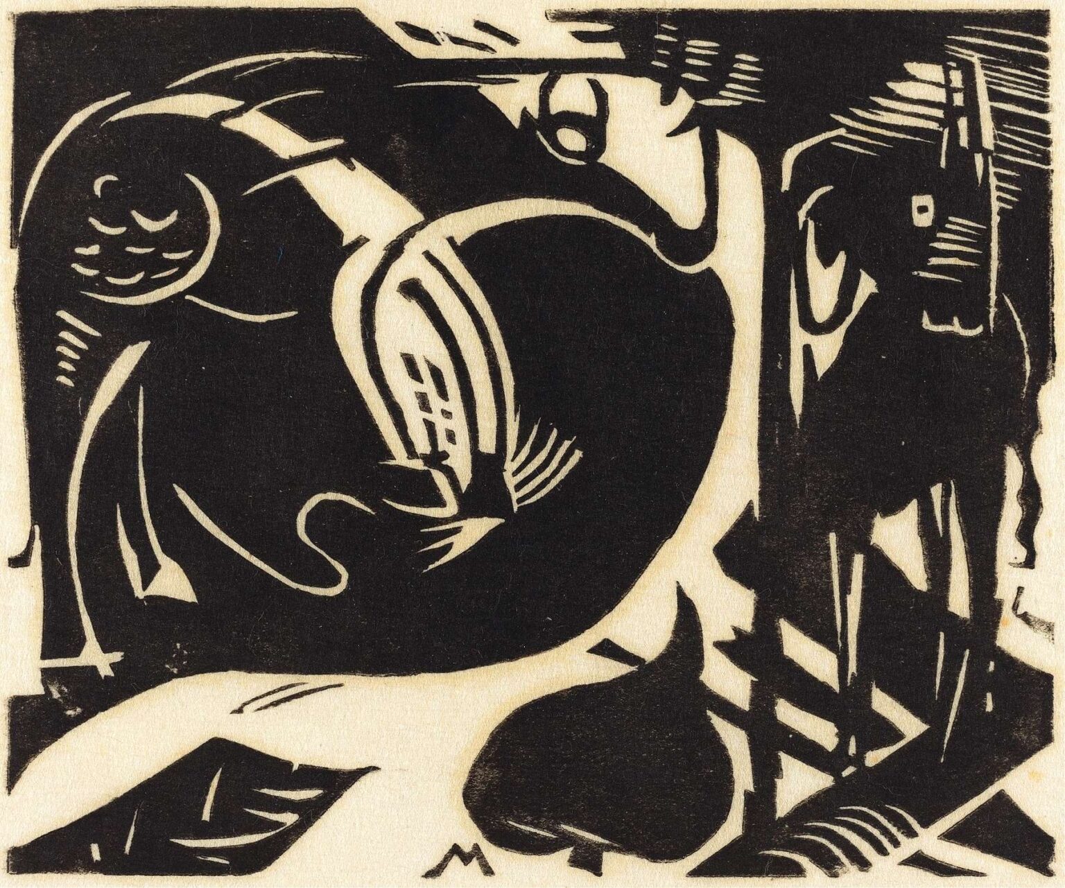 Black-and-white woodcut showing two intertwining stylized creatures—one with coiled, feline-serpent features, the other with angular, equine-canine limbs—surrounded by rhythmic hatchings and negative-space curves.