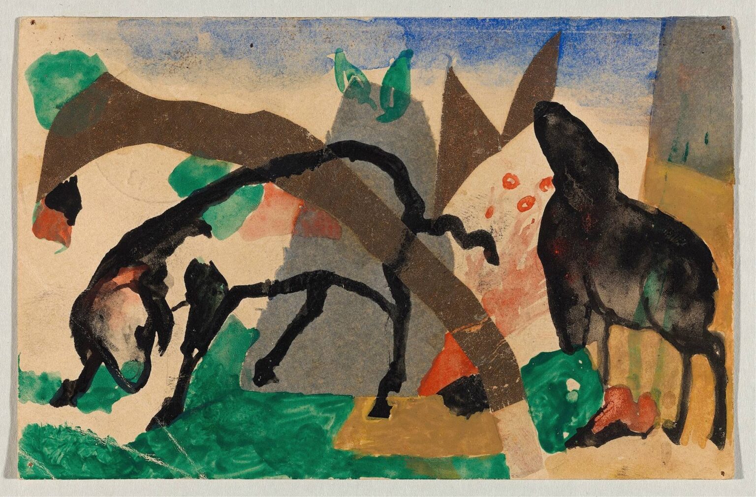 Gouache and watercolor on paper depicting two stylized sheep—one grazing, one alert—emerging from overlapping geometric planes in ochre, green, black, and vermilion against a pale background.