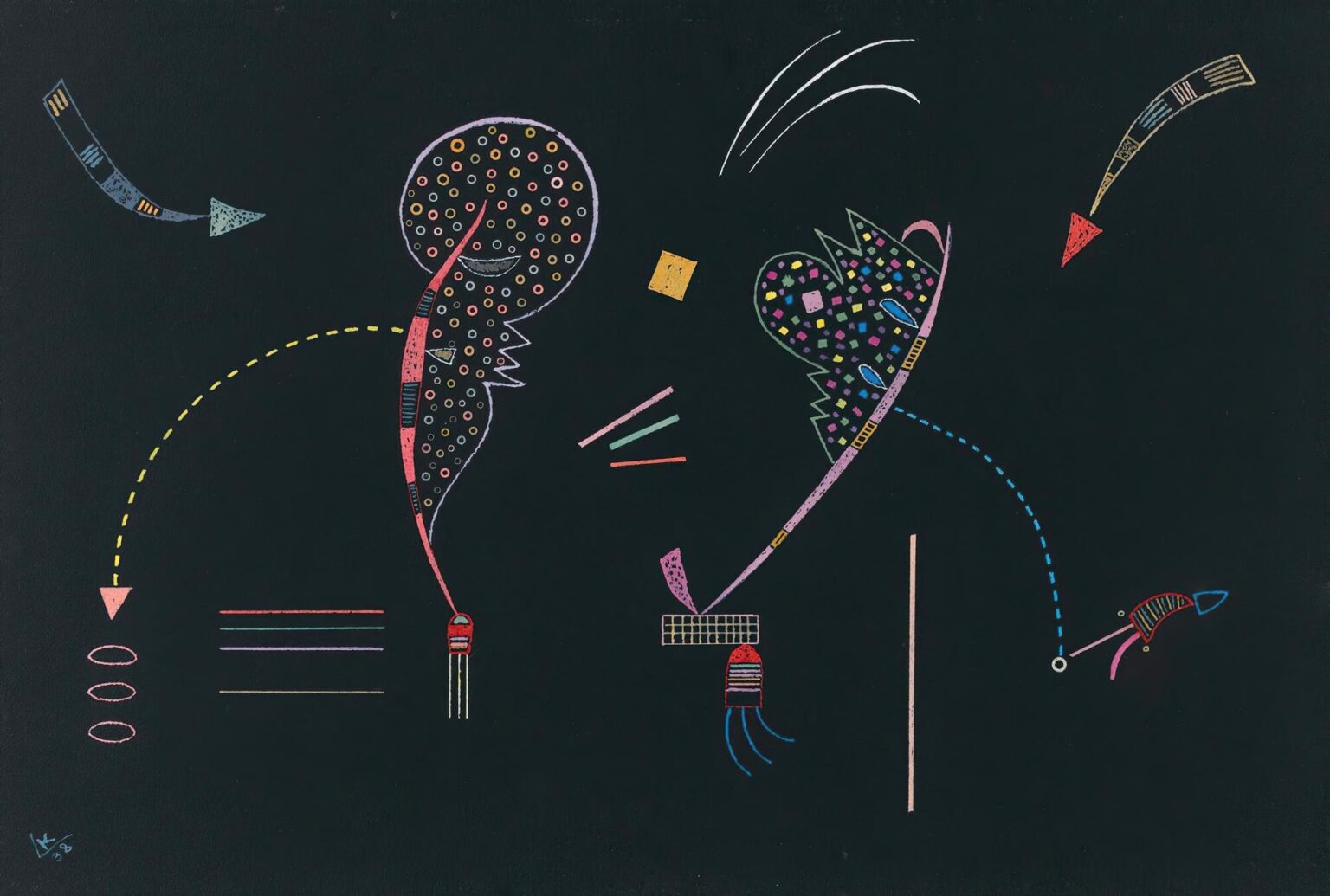 Abstract painting on a black background featuring two mirrored organic shapes filled with multicolored dots and squares, connected by yellow and blue dashed arcs, surrounded by arrows, linear bars, and concentric ovals in Kandinsky’s Two Sides (1938).