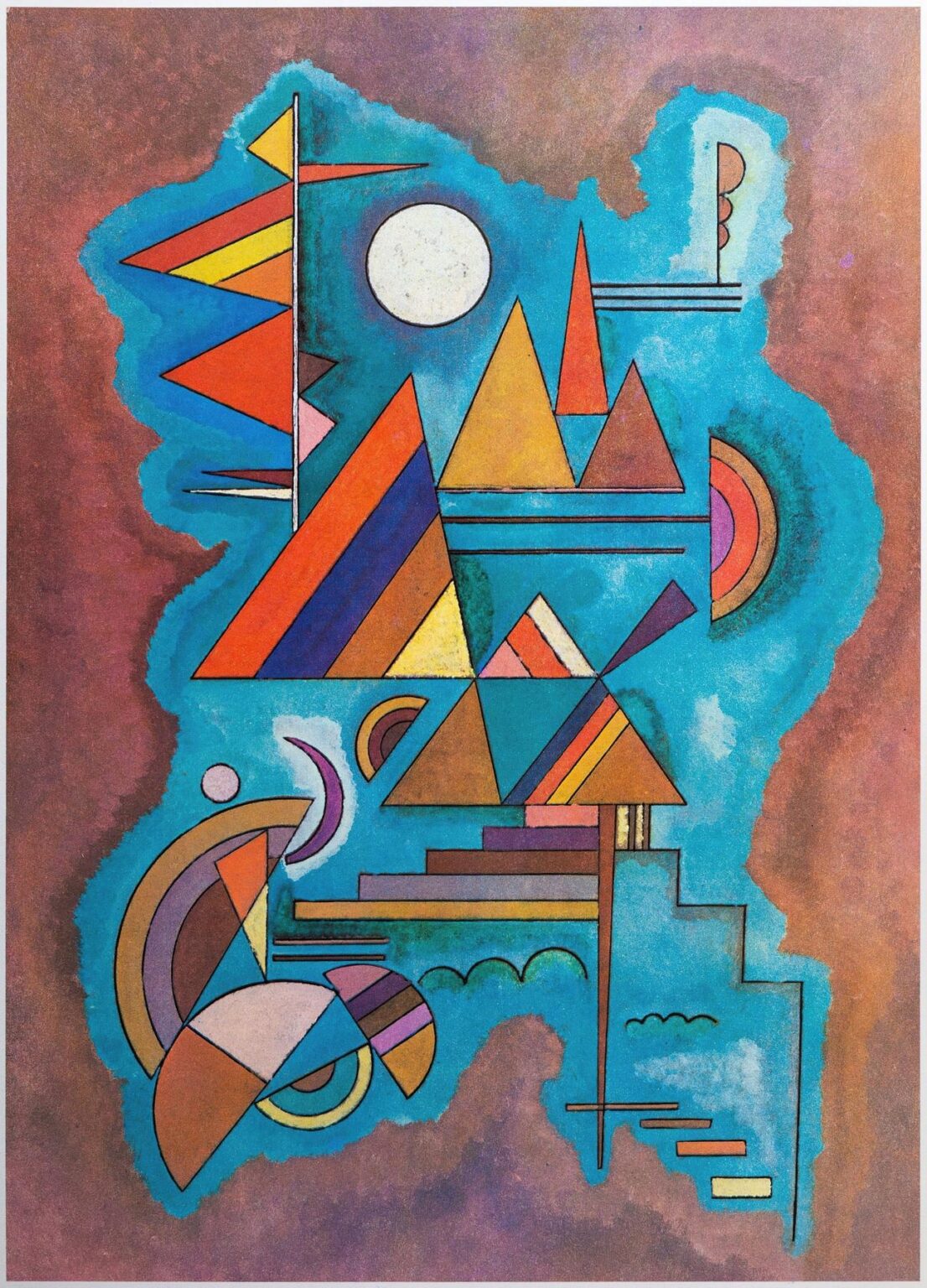 Abstract composition on textured brown ground with an irregular turquoise field containing a white circle above interlocking orange, yellow, and violet triangles, nested semicircles, a stepped vertical form, and fine linear accents in Kandinsky’s Standing (1930).