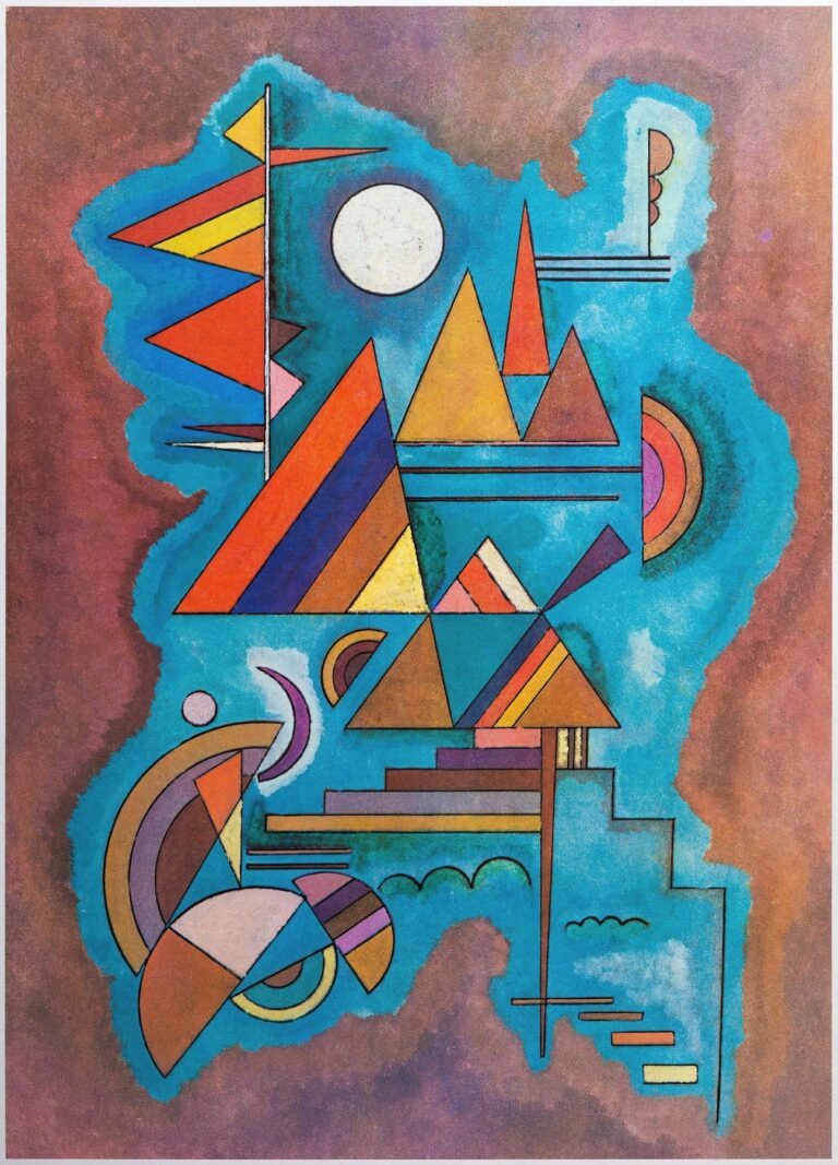 Abstract composition on textured brown ground with an irregular turquoise field containing a white circle above interlocking orange, yellow, and violet triangles, nested semicircles, a stepped vertical form, and fine linear accents in Kandinsky’s Standing (1930).