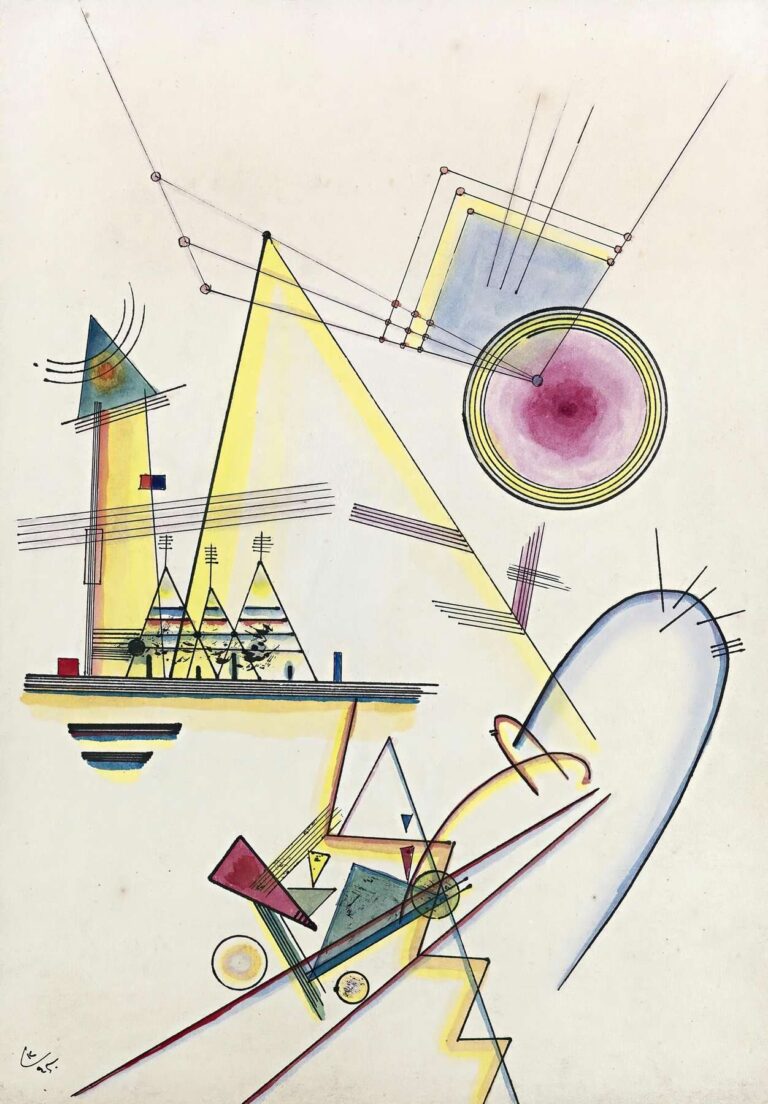 Abstract composition on pale ground featuring a large yellow triangle outlined in black, a concentric violet and yellow circle, intersecting fine lines, a sweeping blue arc, and clusters of smaller geometric shapes in red, blue, and olive green, evoking a meditative balance in Kandinsky’s Delicate Soul.