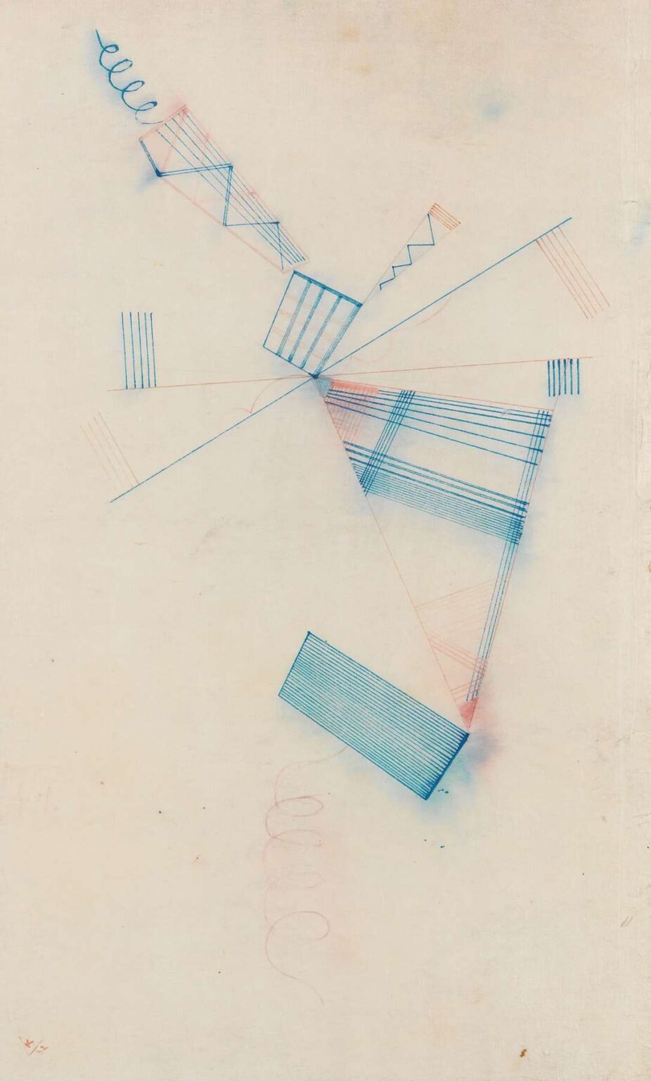 Abstract composition of intersecting circles, spirals, and angular lines in bold blues, reds, and ochres against a pale ground, illustrating Kandinsky’s exploration of color harmony and dynamic movement in Klänge Pl.09.