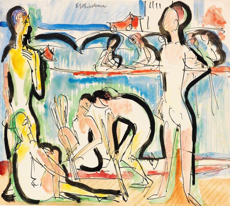 Expressionist painting by Ernst Ludwig Kirchner showing a rower mid-stroke in a sleek racing shell, surrounded by teammates on the water and observers on the riverbank, rendered in bold blues, greens, and reds.