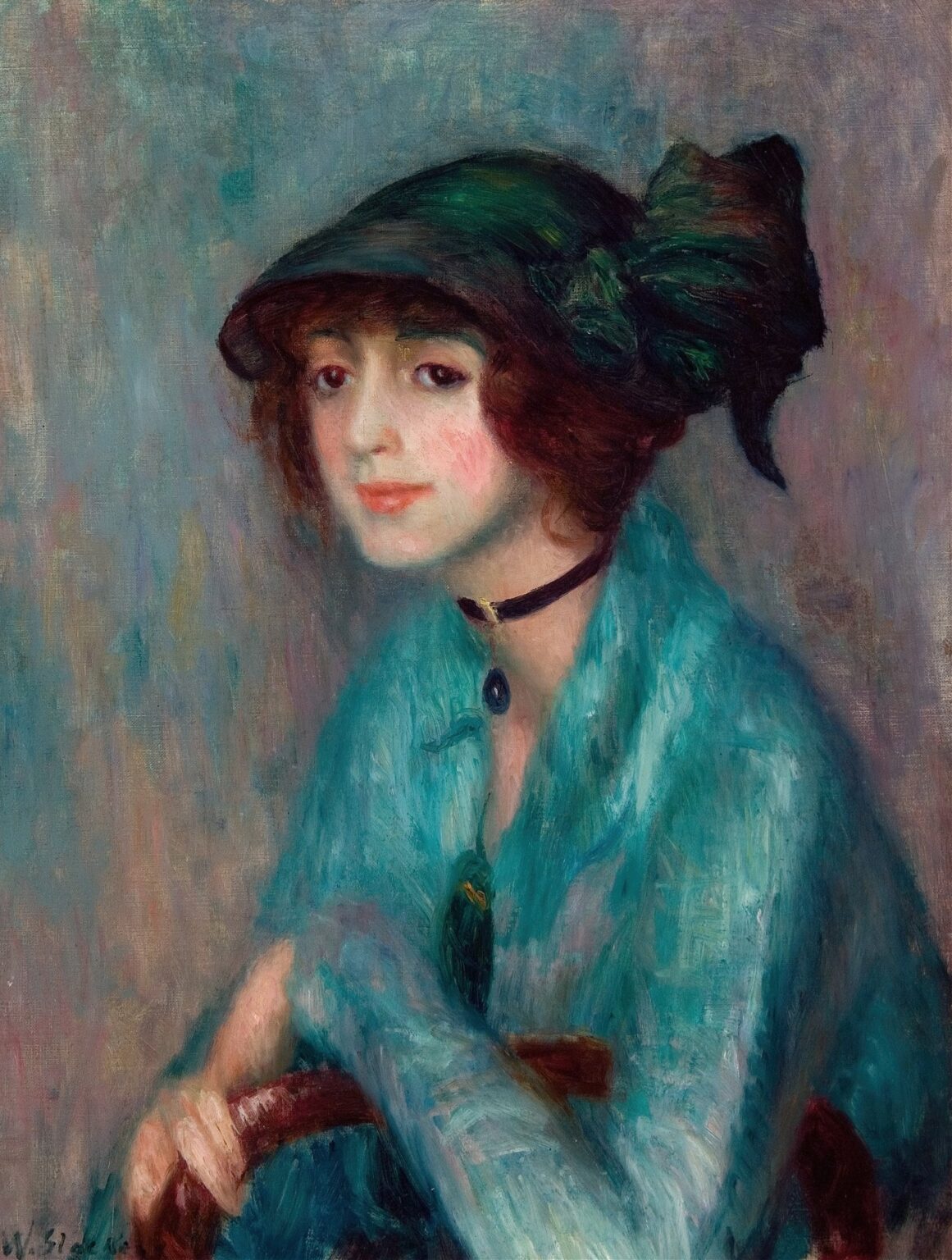 Portrait of a seated young woman with chestnut hair and a black choker, rendered in soft pastel tones against a muted lavender-green background, painted with loose, expressive brushwork by William James Glackens in 1913.